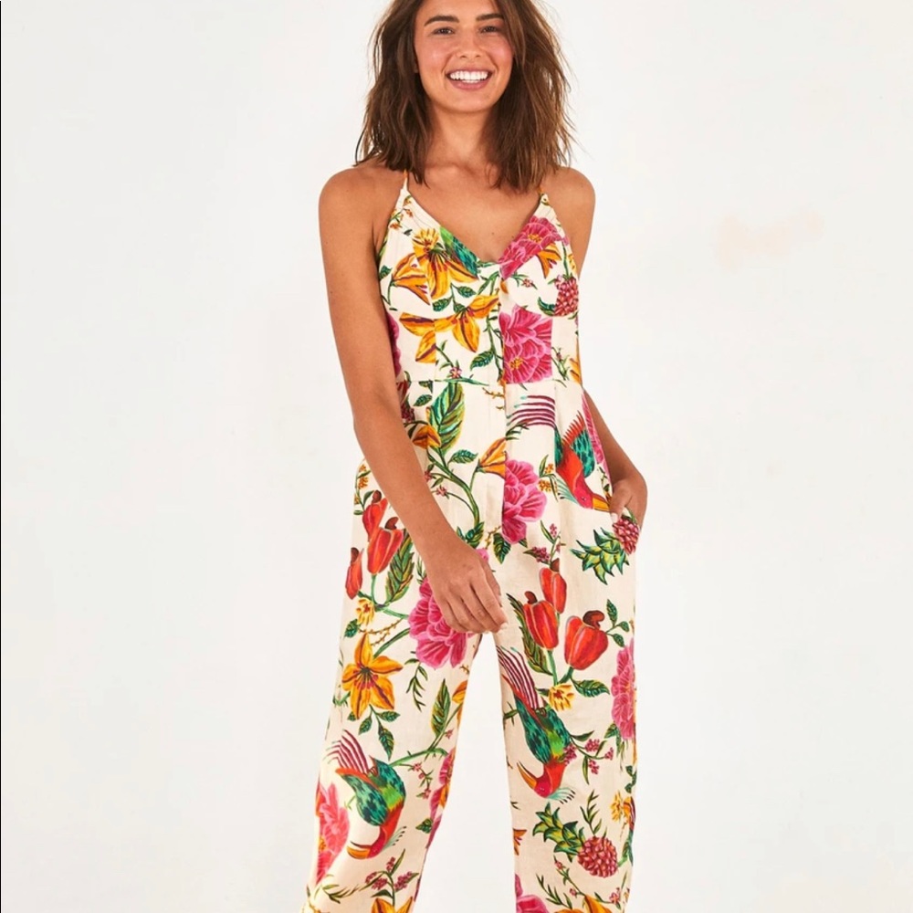 Toucans garden farm rio halter neck jumpsuit